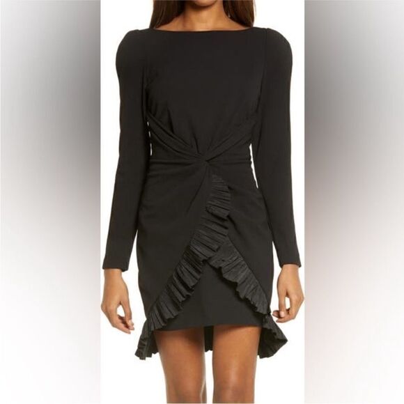 One33 Social NWT Pleated Ruffle Long Sleeve Cocktail Dress Black Size 8 - Picture 3 of 16